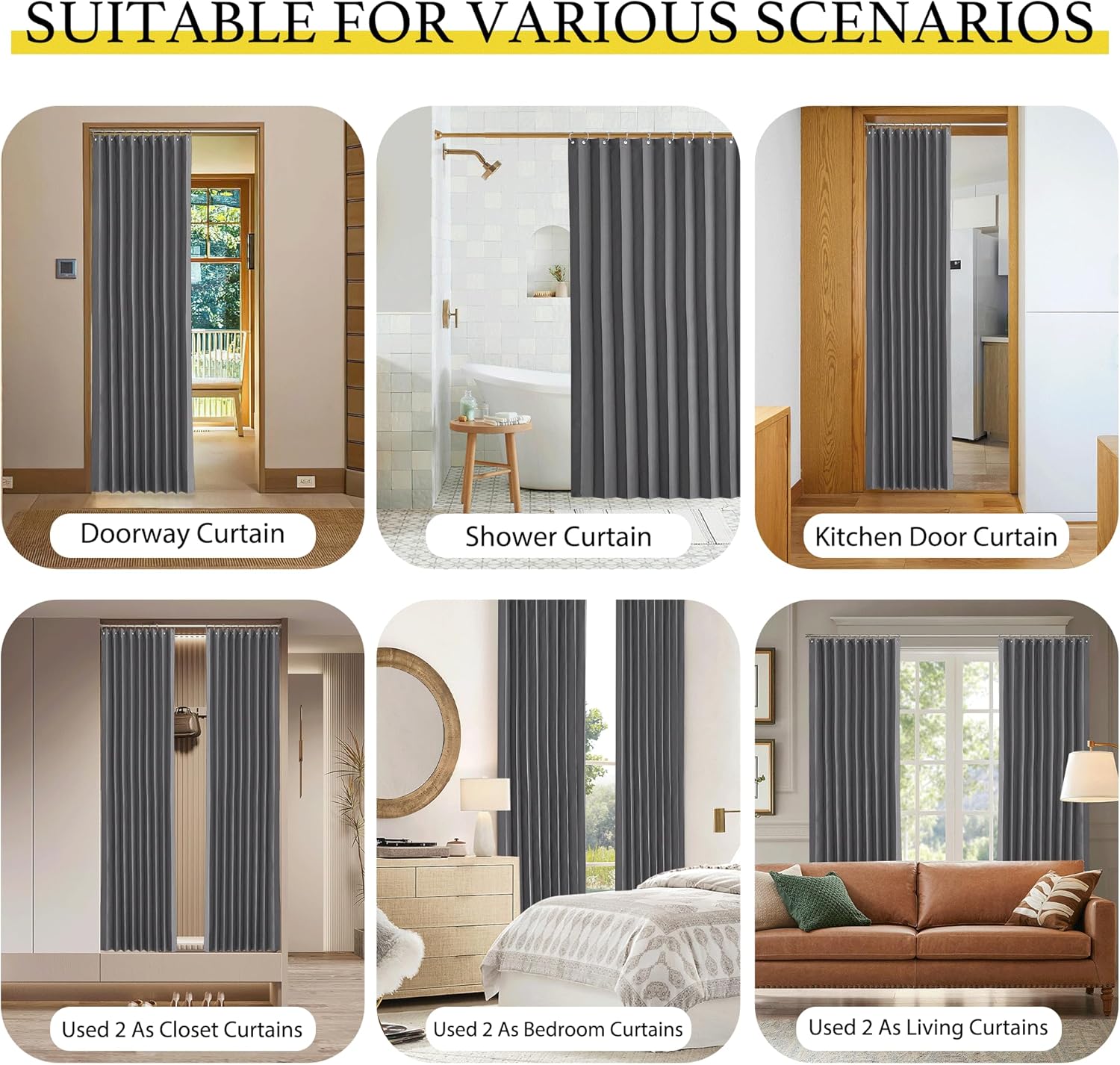 Dark gray pleated curtain with grommet top, shown in a doorway, shower, closet, and living room.