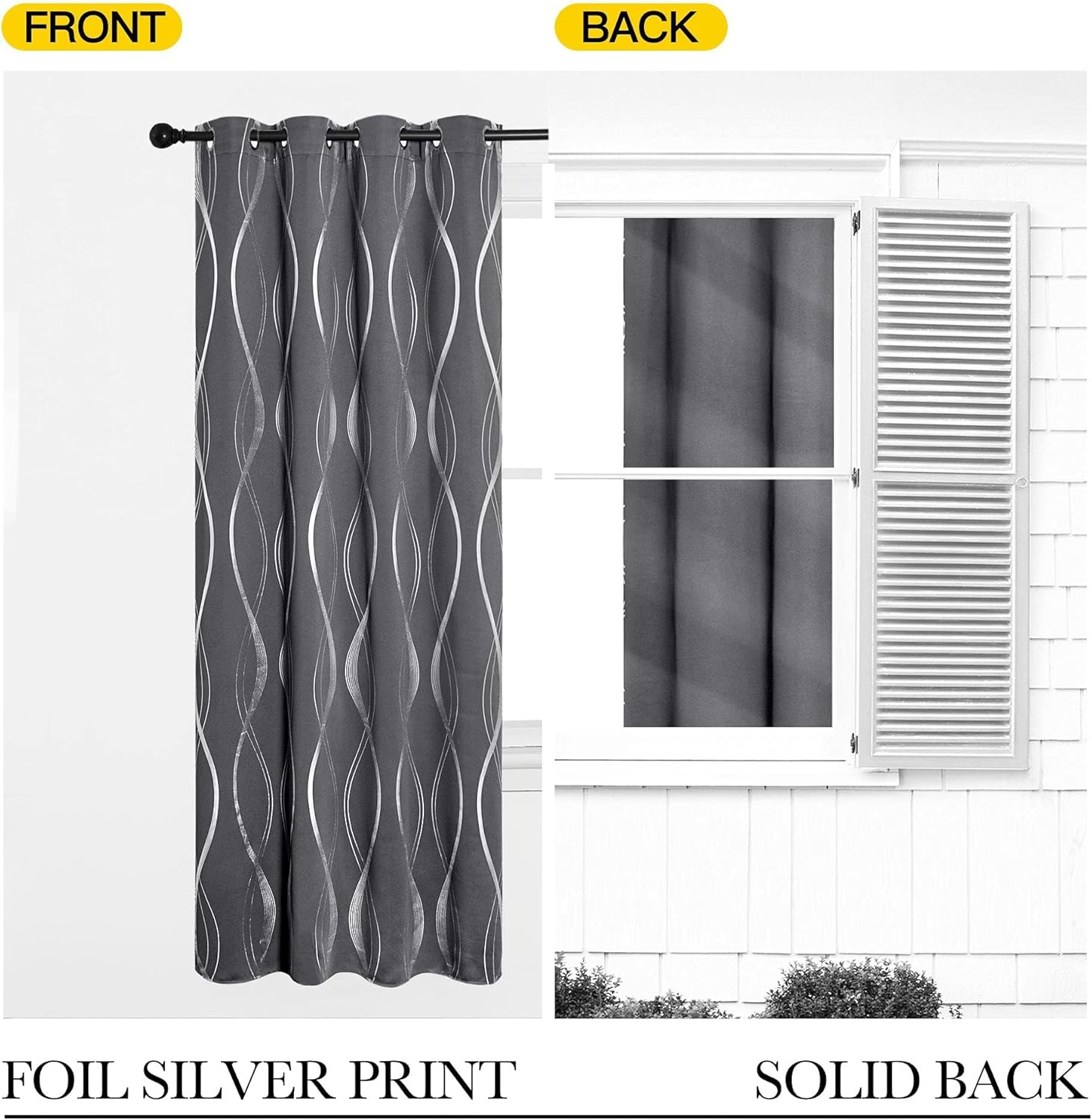 Dark gray grommet top curtain with silver foil wavy print. Solid dark gray blackout fabric on reverse.