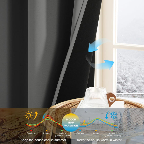 Dark gray thermal blackout curtain hanging in a window with snow outside, showing heat retention properties.