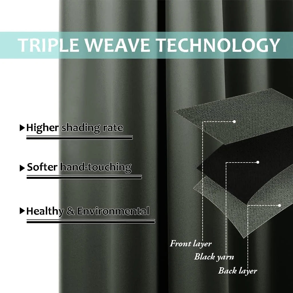 Dark gray blackout curtain graphic showing triple weave layers and fabric structure