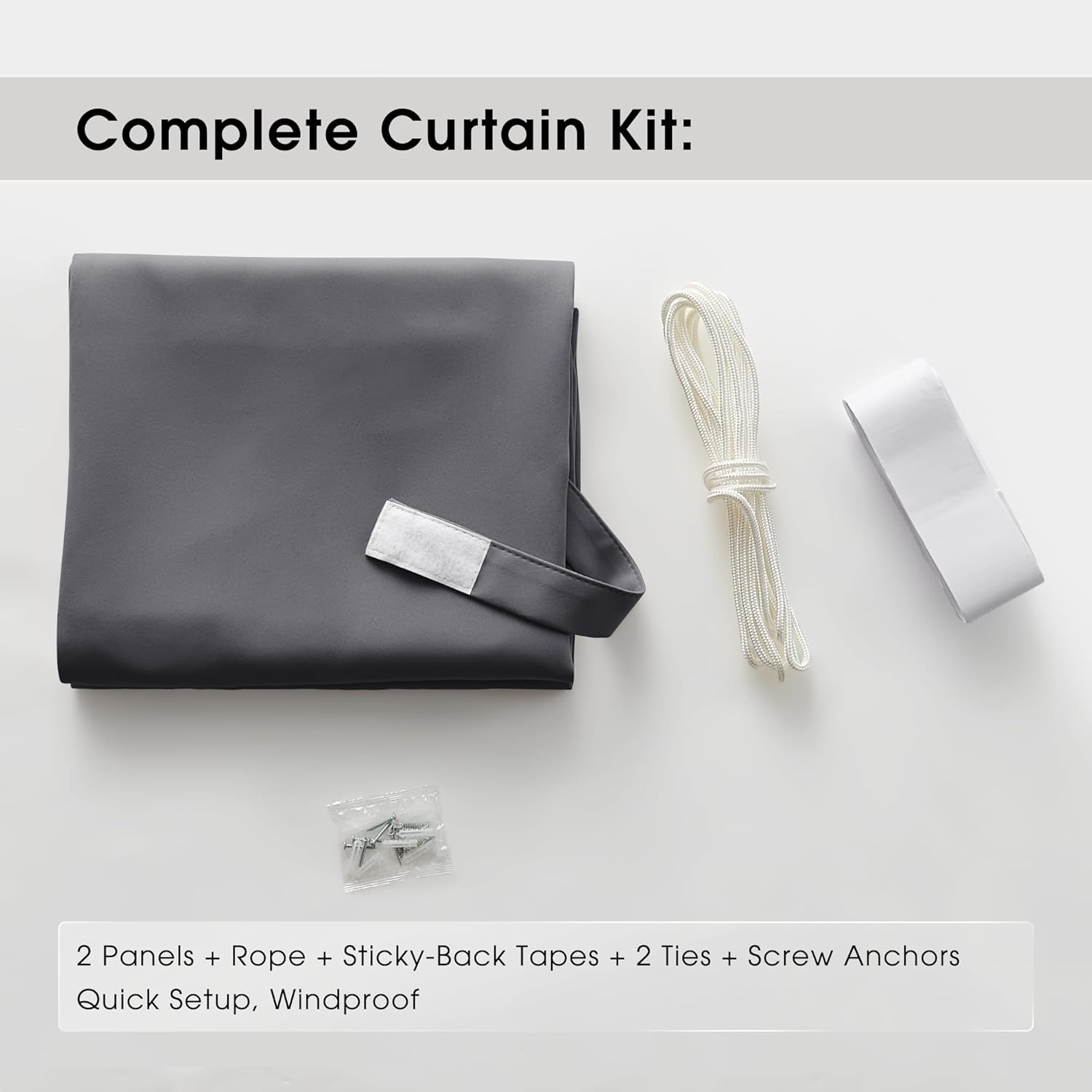 Dark gray windproof curtain kit includes two panels, rope, sticky tape, and installation hardware.