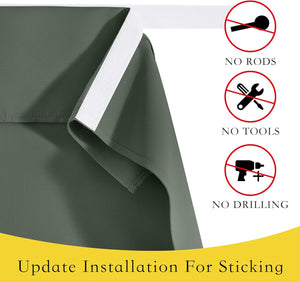 Close up of dark green fabric curtain with white adhesive strip for easy, no-drill installation.