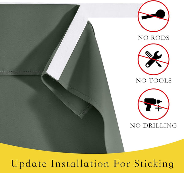 Close up of dark green fabric curtain with white adhesive strip for easy, no-drill installation.