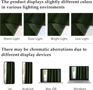 Dark green blackout curtain fabric showing color appearance under different lighting and display devices.