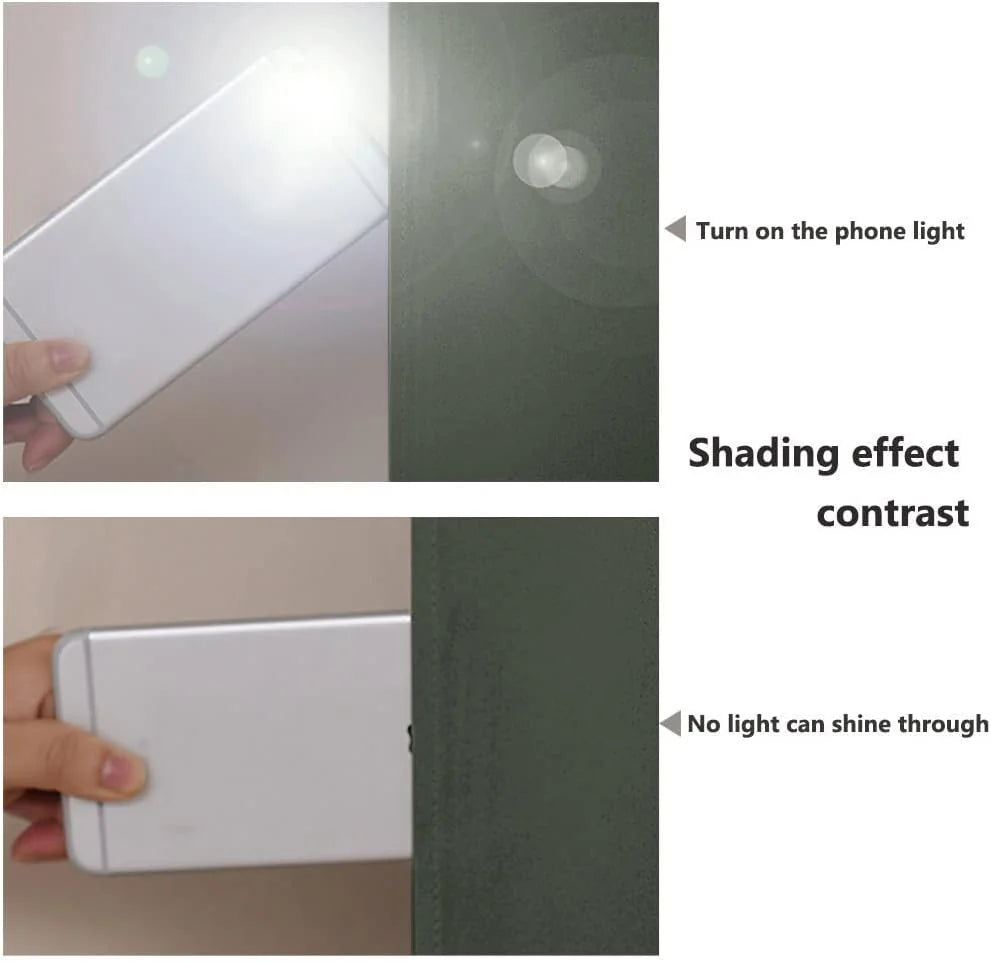 Dark green blackout curtain fabric blocks phone flashlight in side-by-side test
