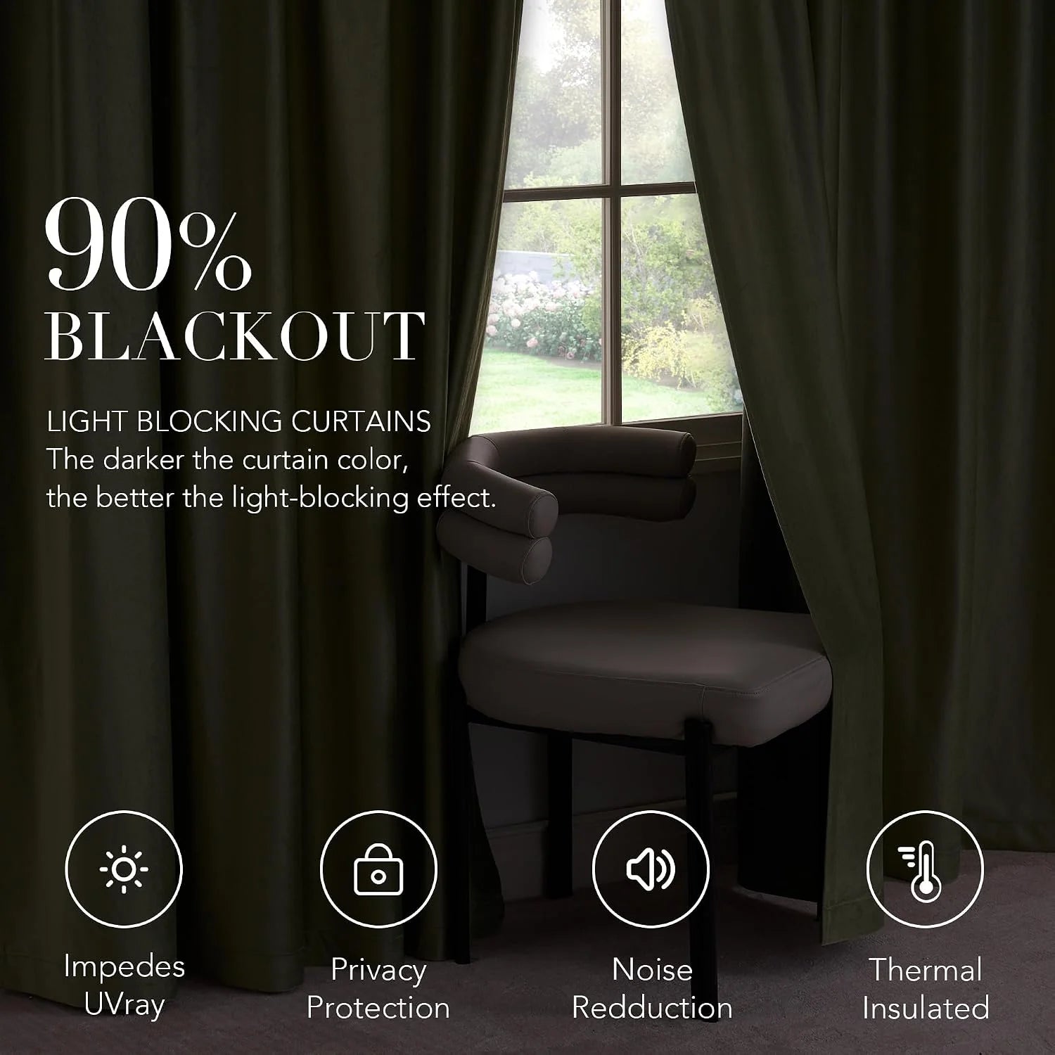 Dark green blackout curtains framing a window with chair, highlighting 90% light blocking