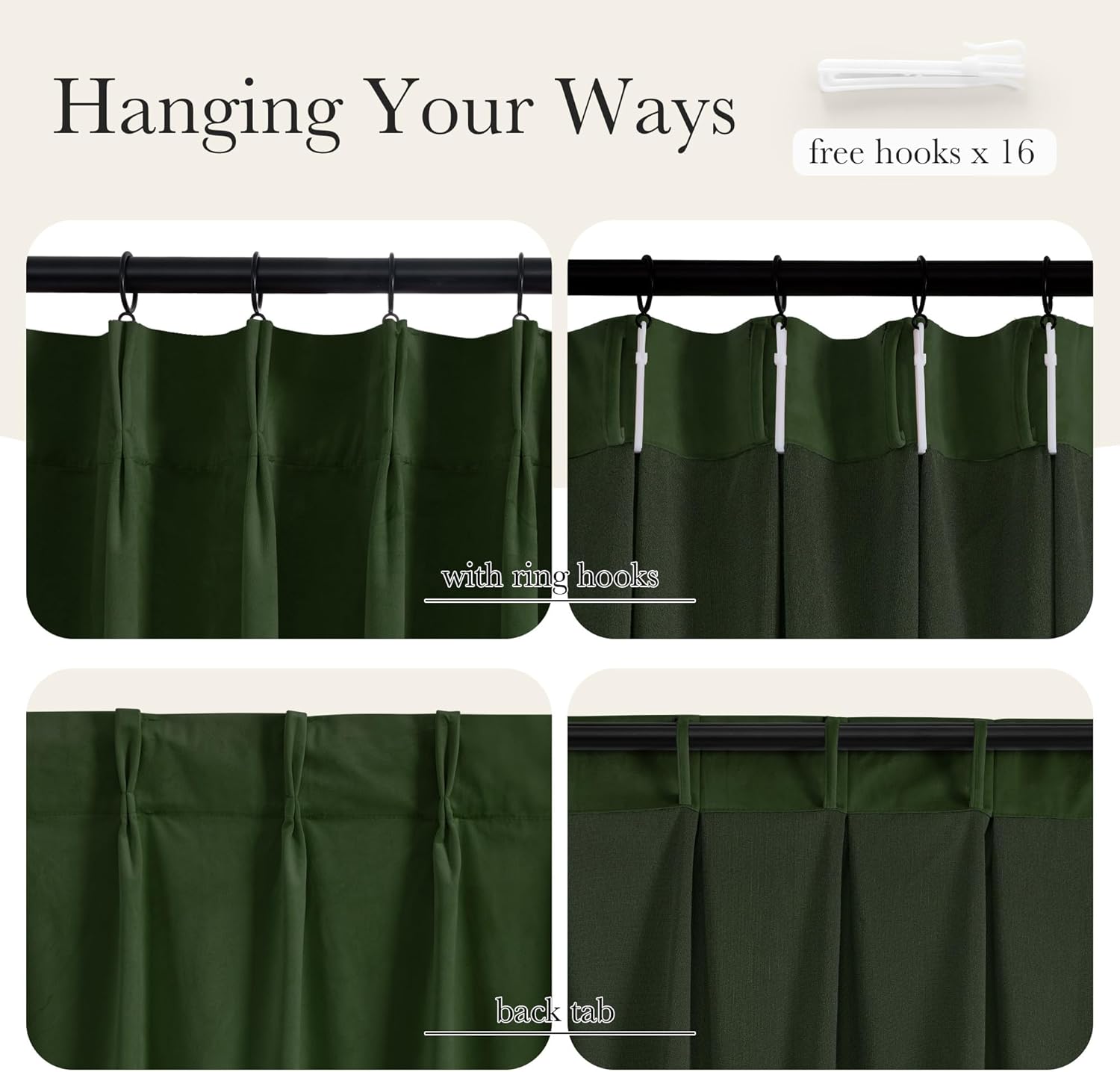 Dark green curtains demonstrating versatile hanging methods including on ring hooks, with back tabs, and using free hooks.
