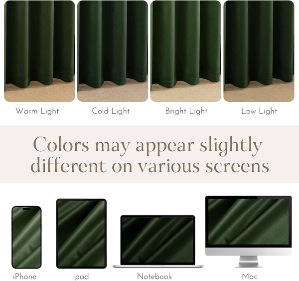 Dark green fabric sample displayed under warm, cold, bright, and low light conditions.