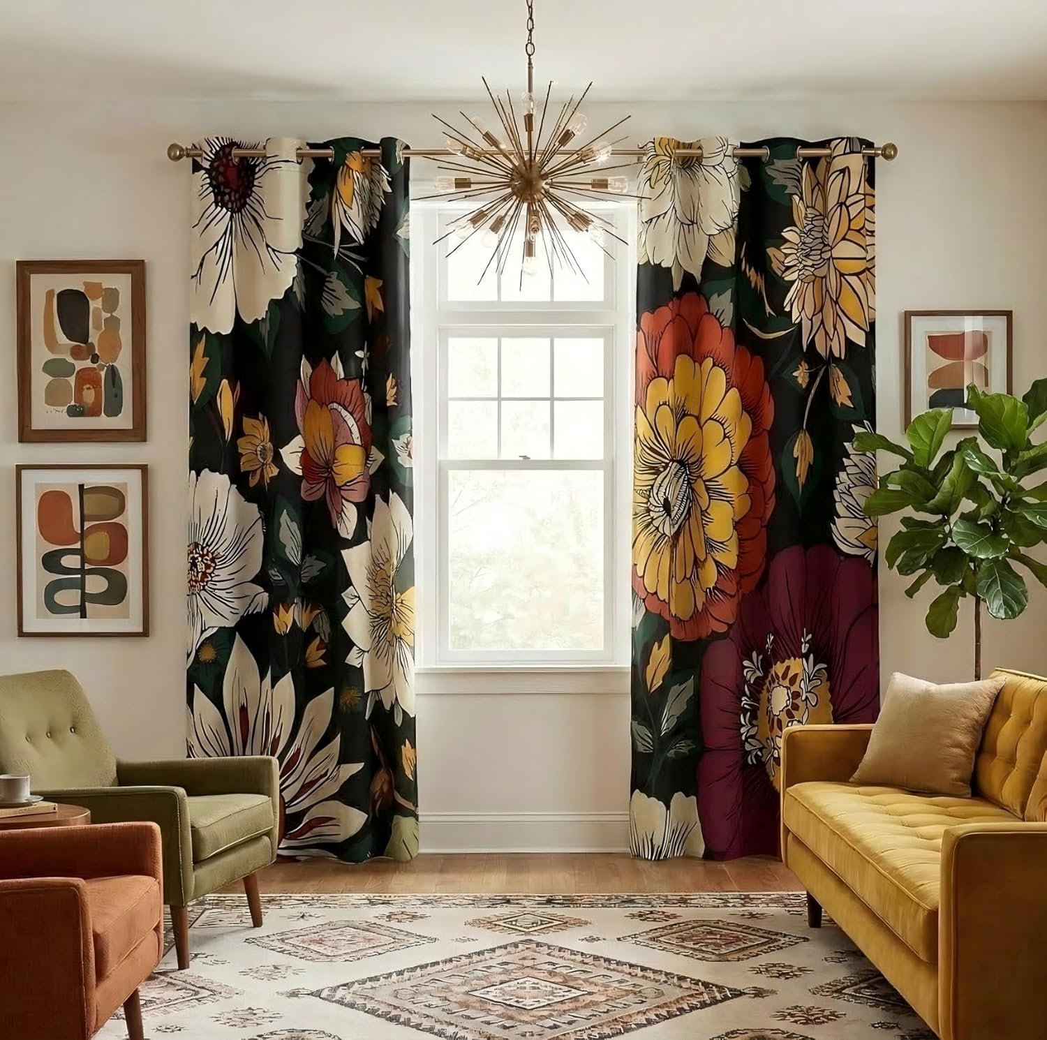 Dark green curtains with bold white, yellow, and red floral pattern and grommet tops.