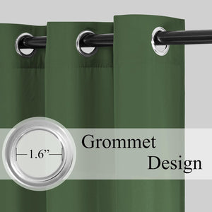Close-up of dark green curtain panel with silver grommet design, showing a 1.6-inch inner diameter grommet on a black rod.