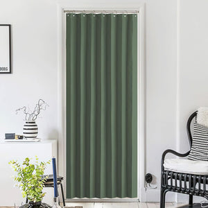 Dark green solid doorway curtain with silver grommet top for privacy in a modern room.
