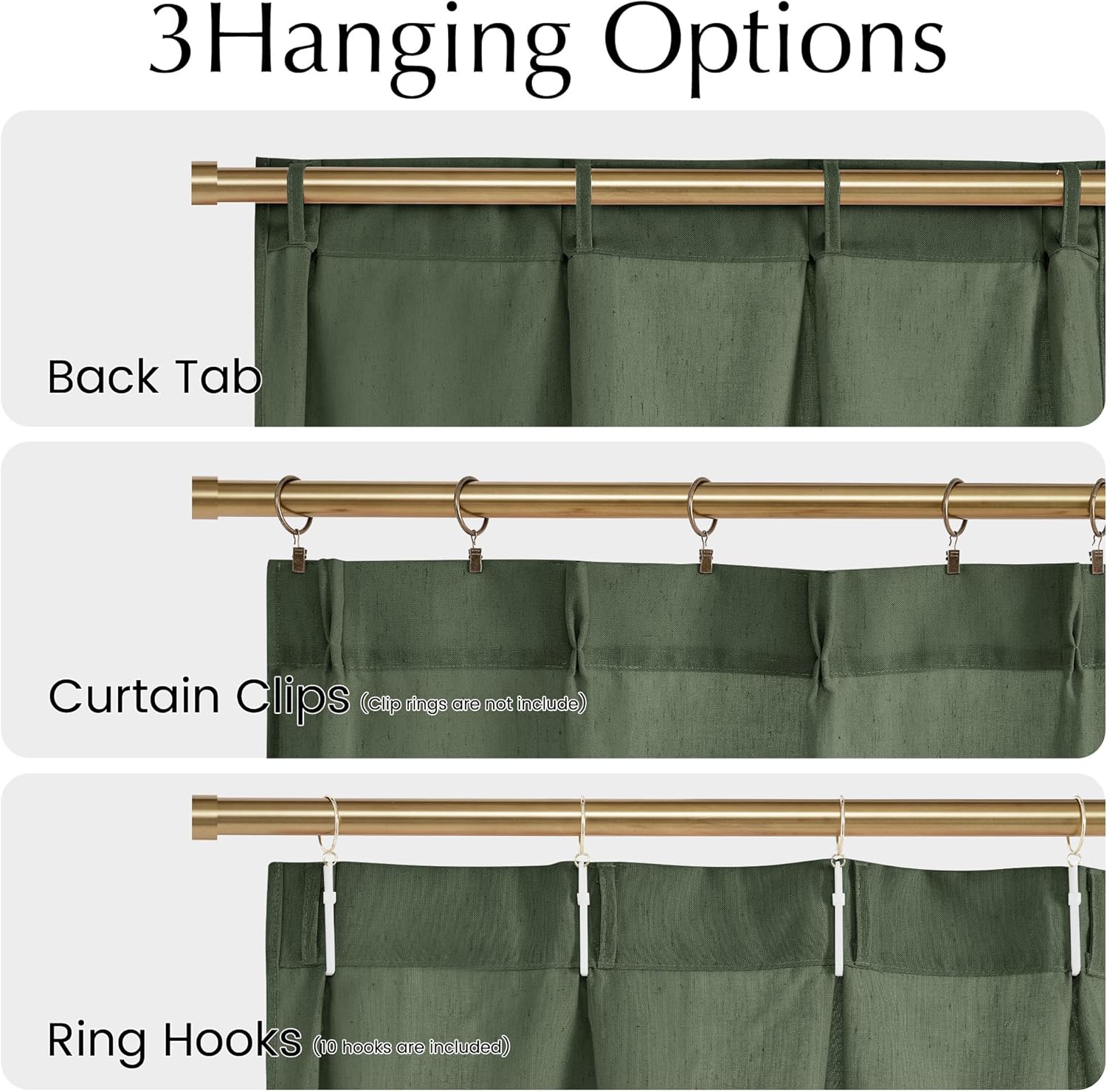 Dark green linen curtain displaying three hanging styles: back tab, curtain clips, and ring hooks.