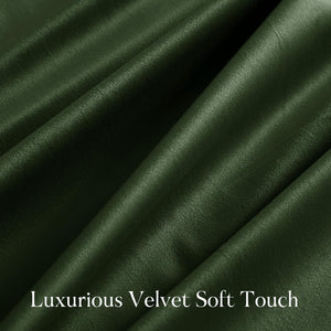 Close-up of deep forest green velvet fabric, highlighting its soft touch and rich, luxurious texture.