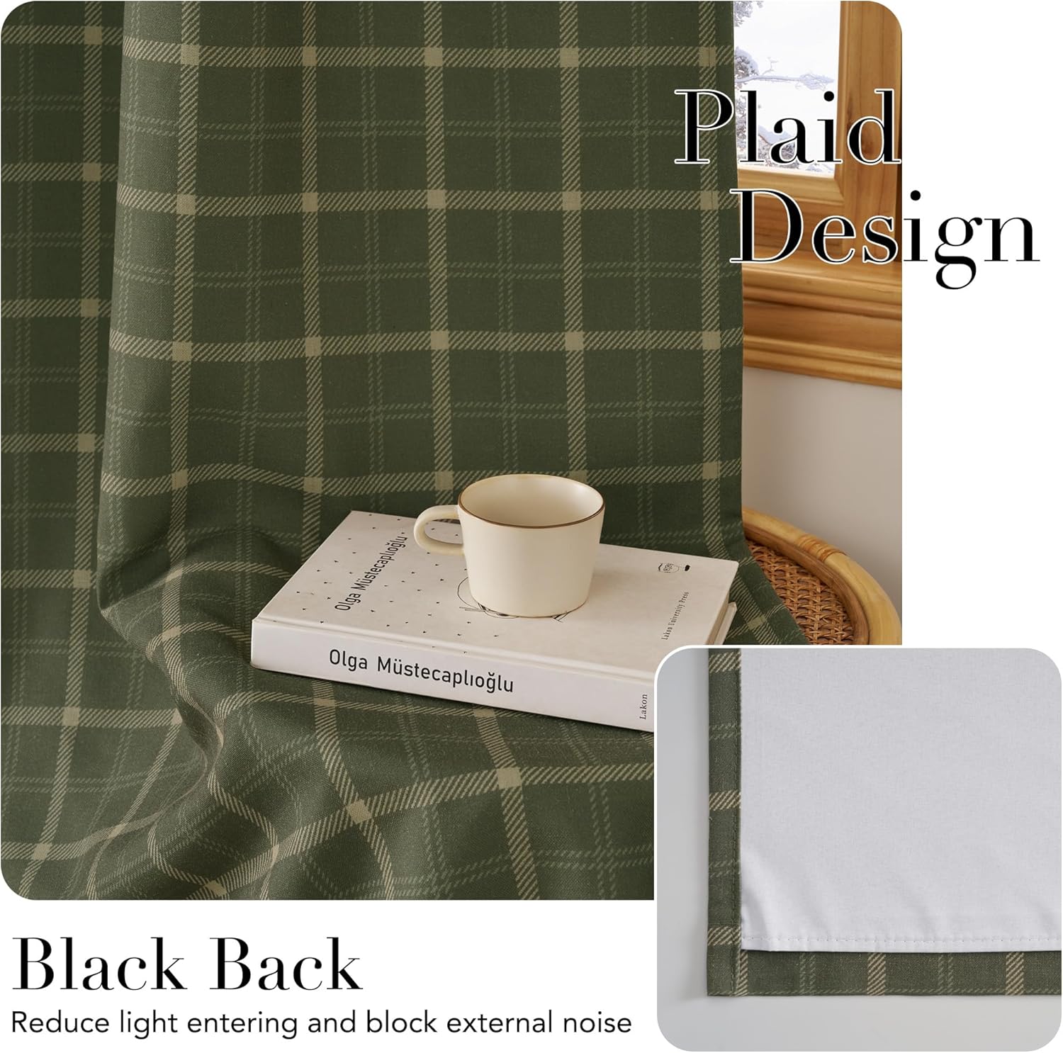 Dark green plaid curtain with white blackout thermal lining visible, reducing light and external noise.