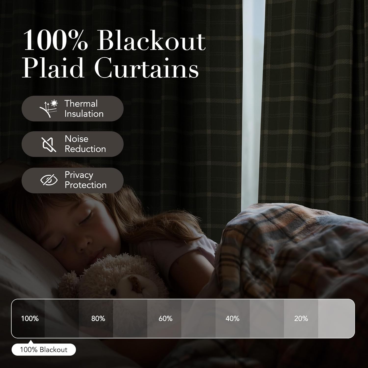 Dark green plaid blackout curtains providing 100% darkness, with a child sleeping in a quiet bedroom.