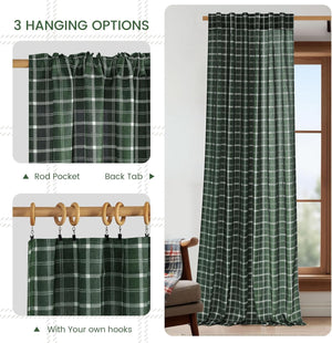 Dark green plaid curtain panel with rod pocket, back tab, and hook hanging options.