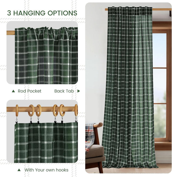 Dark green plaid curtain panel with rod pocket, back tab, and hook hanging options.