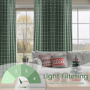 Dark green plaid light filtering curtains with white grid pattern hanging in a living room.