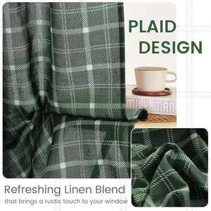 Close-up of a dark green linen blend curtain with a white plaid pattern, showing the fabric texture and soft drapes.