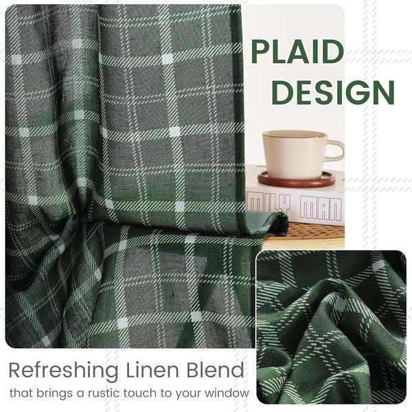 Close-up of a dark green linen blend curtain with a white plaid pattern, showing the fabric texture and soft drapes.