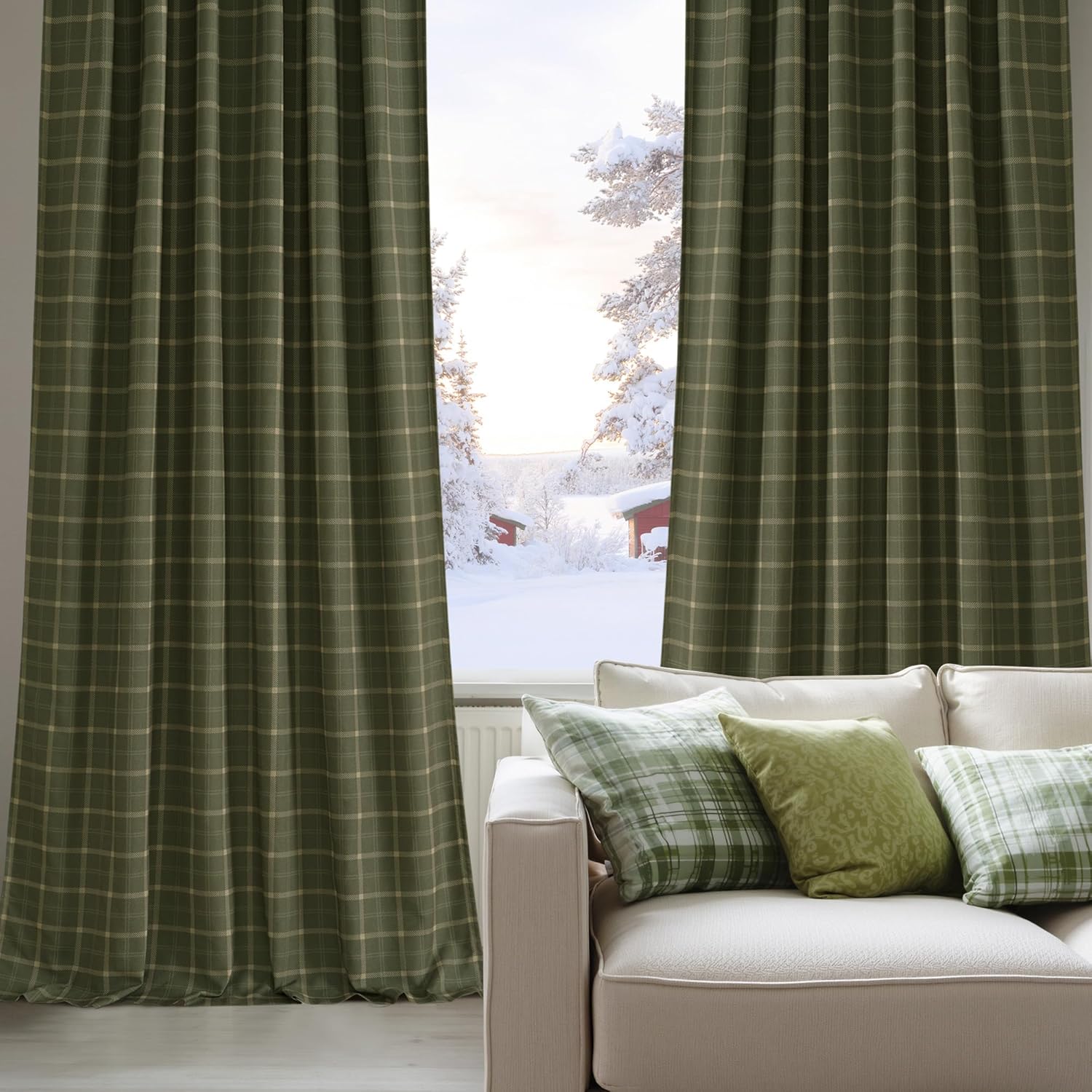 Dark green plaid pleated window curtains with subtle check pattern, in a cozy living room setting.