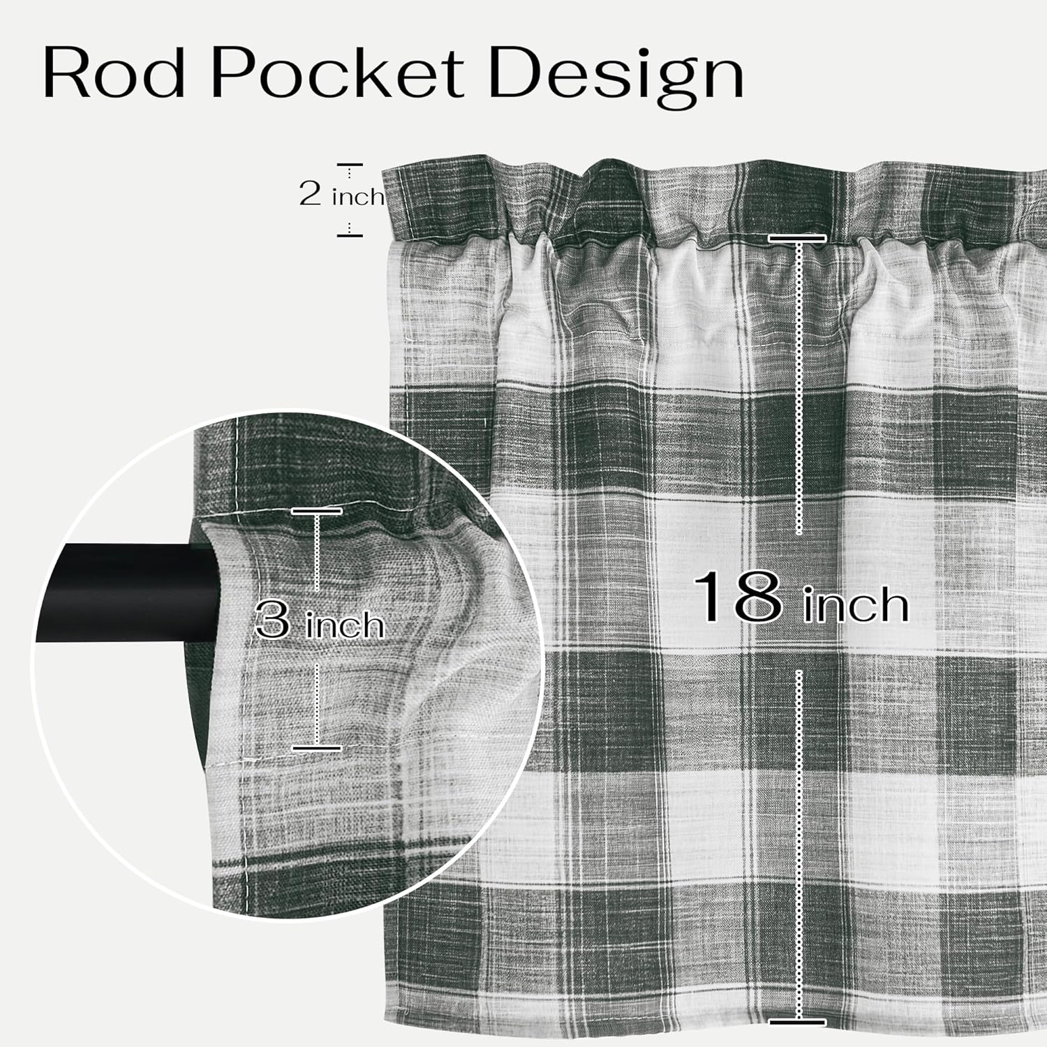 Dark green white plaid rod pocket valance showing 2-inch ruffle and 3-inch pocket, 18 inches.