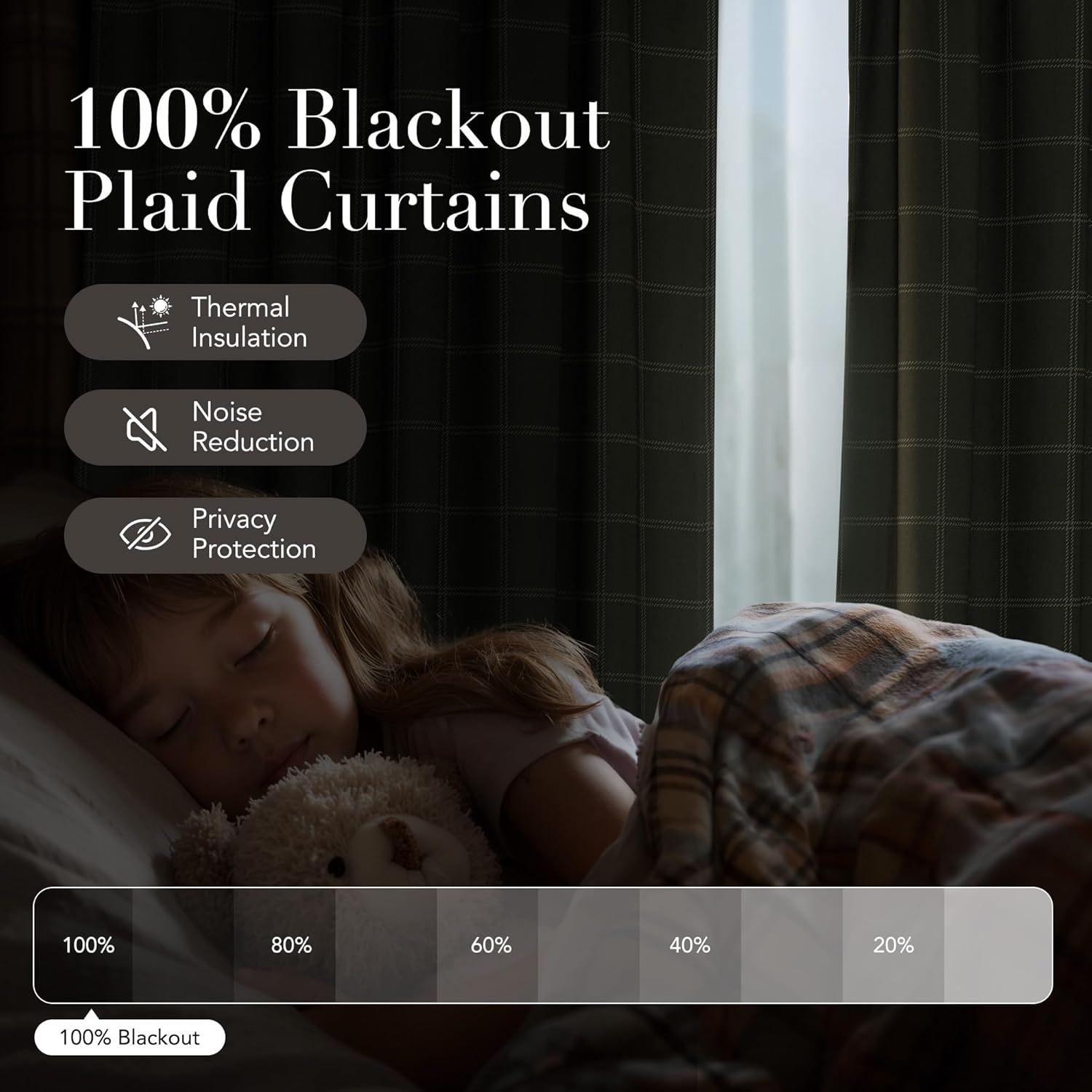 Dark green plaid blackout curtains effectively darken room for peaceful sleep, with thermal insulation.