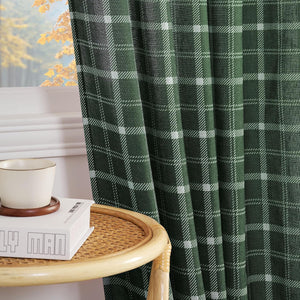 Dark green plaid window curtain with white check pattern. Visible with autumn trees outside a window.