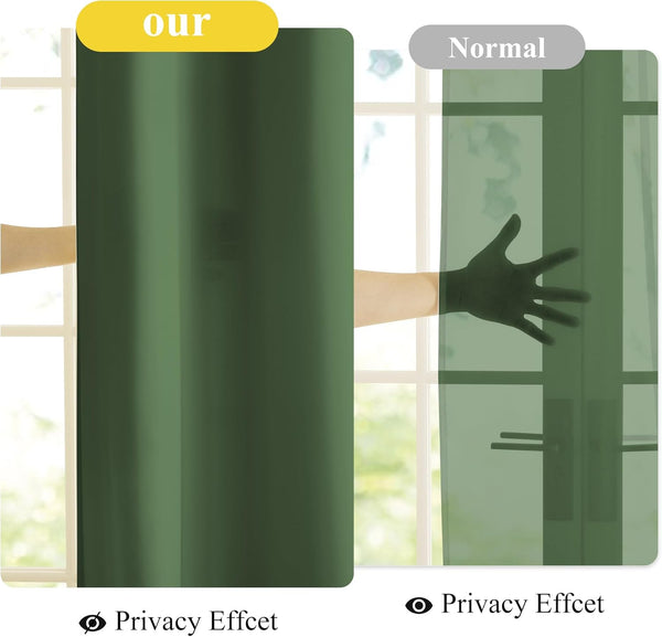 Visual comparison of dark green privacy curtains. Left panel completely blocks view, right panel reveals hand.