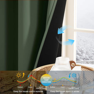 Dark green thermal blackout curtain with black lining at a snowy window. Illustrates temperature control.