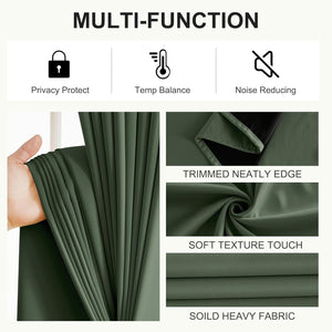 Dark green thermal noise-reducing curtain, showing soft heavy fabric texture and trimmed edge.