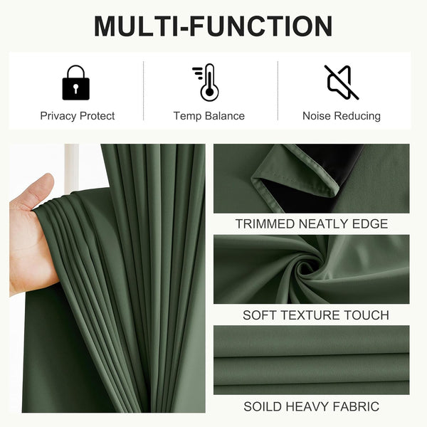 Dark green thermal noise-reducing curtain, showing soft heavy fabric texture and trimmed edge.