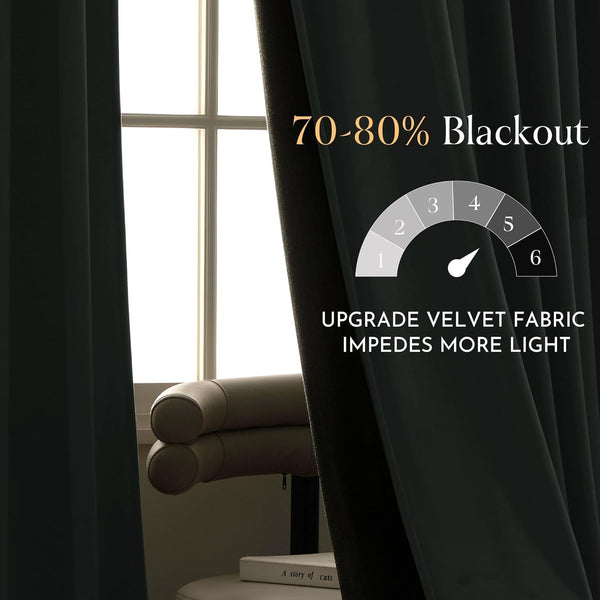 Dark green velvet blackout curtains partially cover a bright window, showing soft texture and light-blocking.