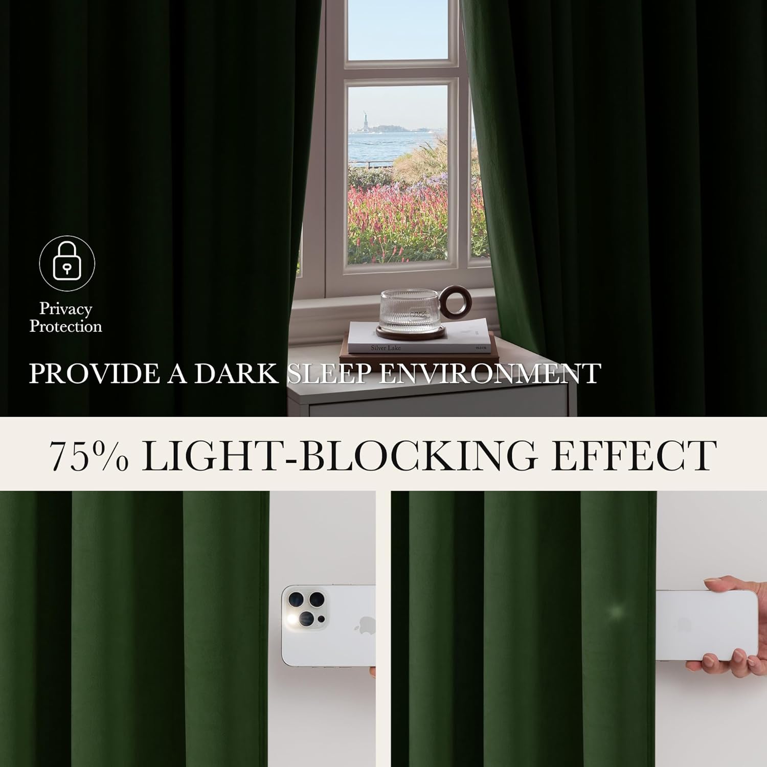 Dark green velvet curtains, shown partially open by a window, demonstrating 75% light blocking for privacy.