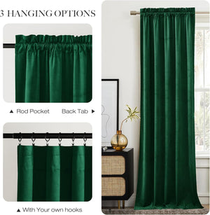 Emerald green velvet curtain panel demonstrating rod pocket, back tab, and hook hanging options.