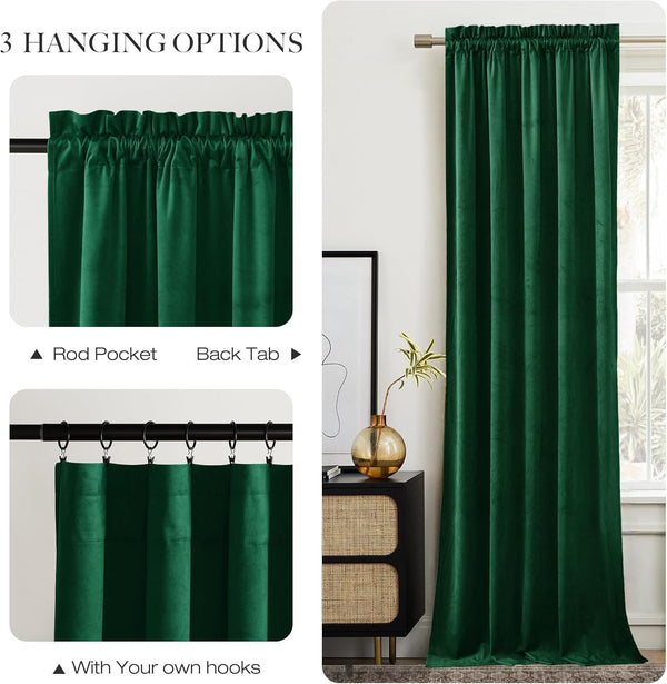 Emerald green velvet curtain panel demonstrating rod pocket, back tab, and hook hanging options.