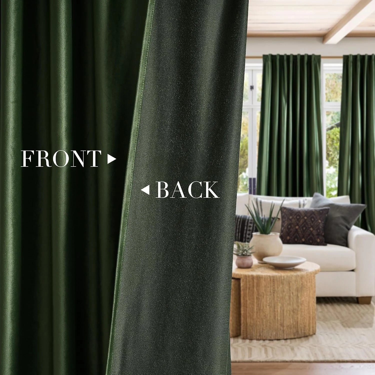 Dark green velvet curtains showing front and back texture in a bright modern living room