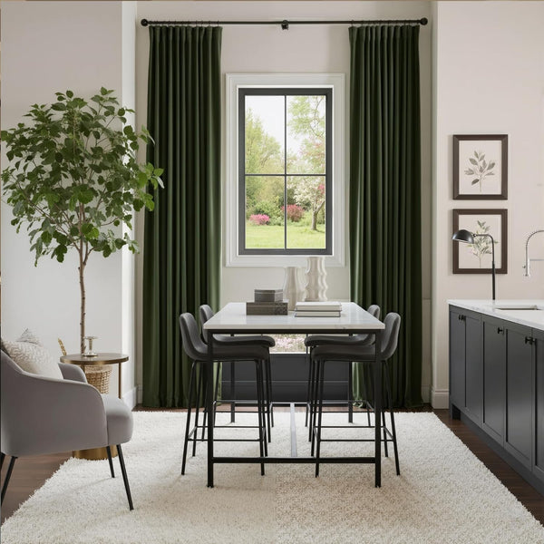 Dark green velvet pinch pleat curtains on a black rod, framing a window with a garden view in a modern dining space.