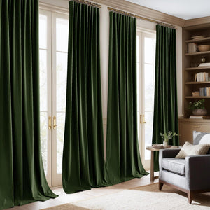 Dark green velvet pleated curtains on a gold rod, framing tall French doors in a living room.
