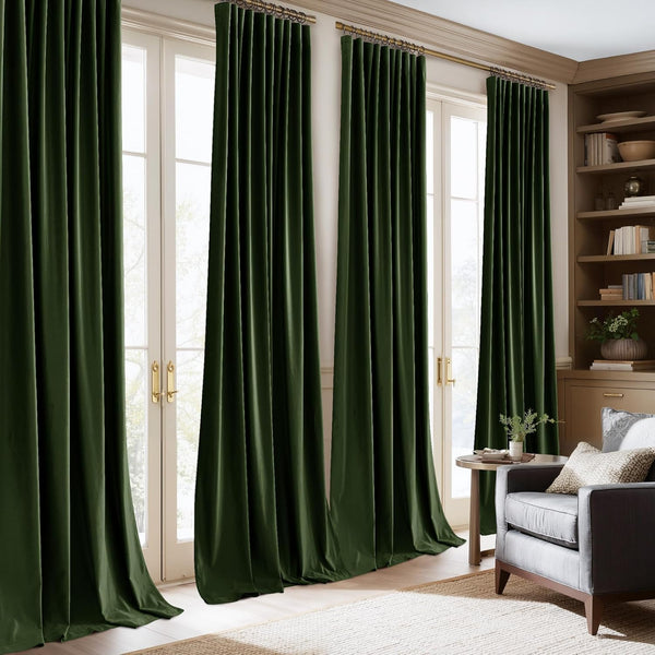 Dark green velvet pleated curtains on a gold rod, framing tall French doors in a living room.