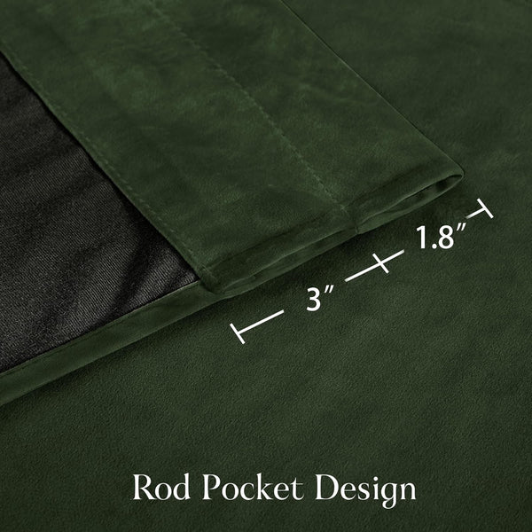 Dark green velvet curtain panel with a 3-inch rod pocket and 1.8-inch depth, showing dark lining.