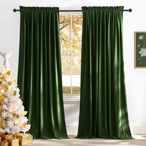 Plush dark green velvet rod pocket curtains hanging on a black rod, rich texture visible.