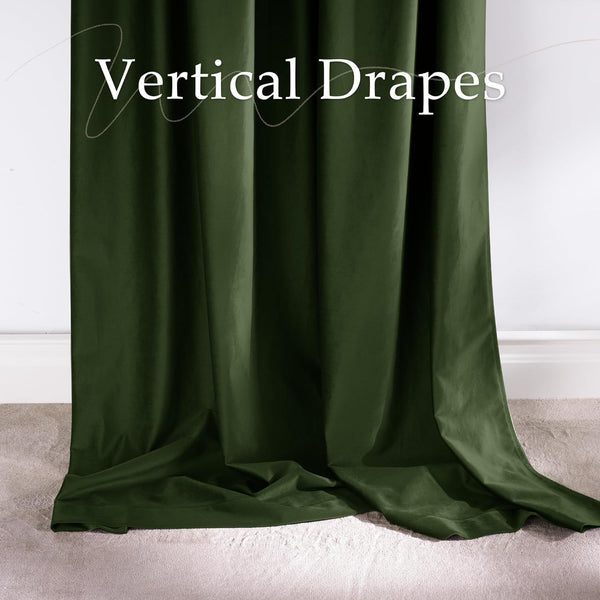 Dark green velvet drapes with vertical folds, pooling generously on a light colored carpet.