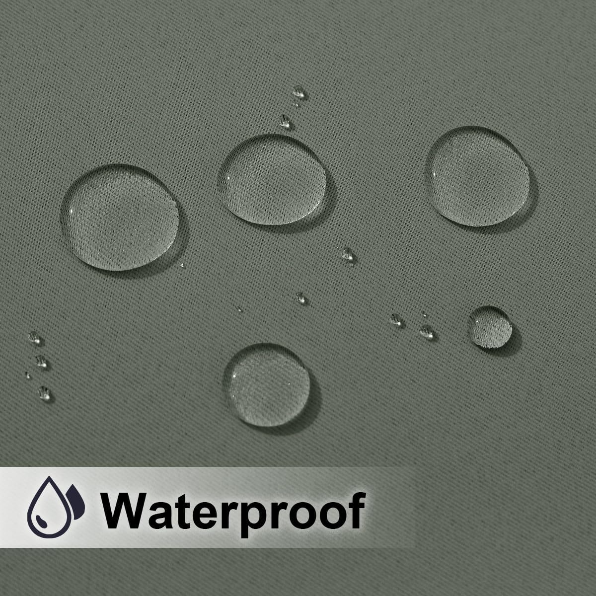 Close-up of water droplets beading on a dark green textured fabric, with 'Waterproof' text.