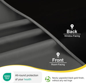 Close-up of dark grey room-facing and black window-facing dual-sided blackout curtain fabric.