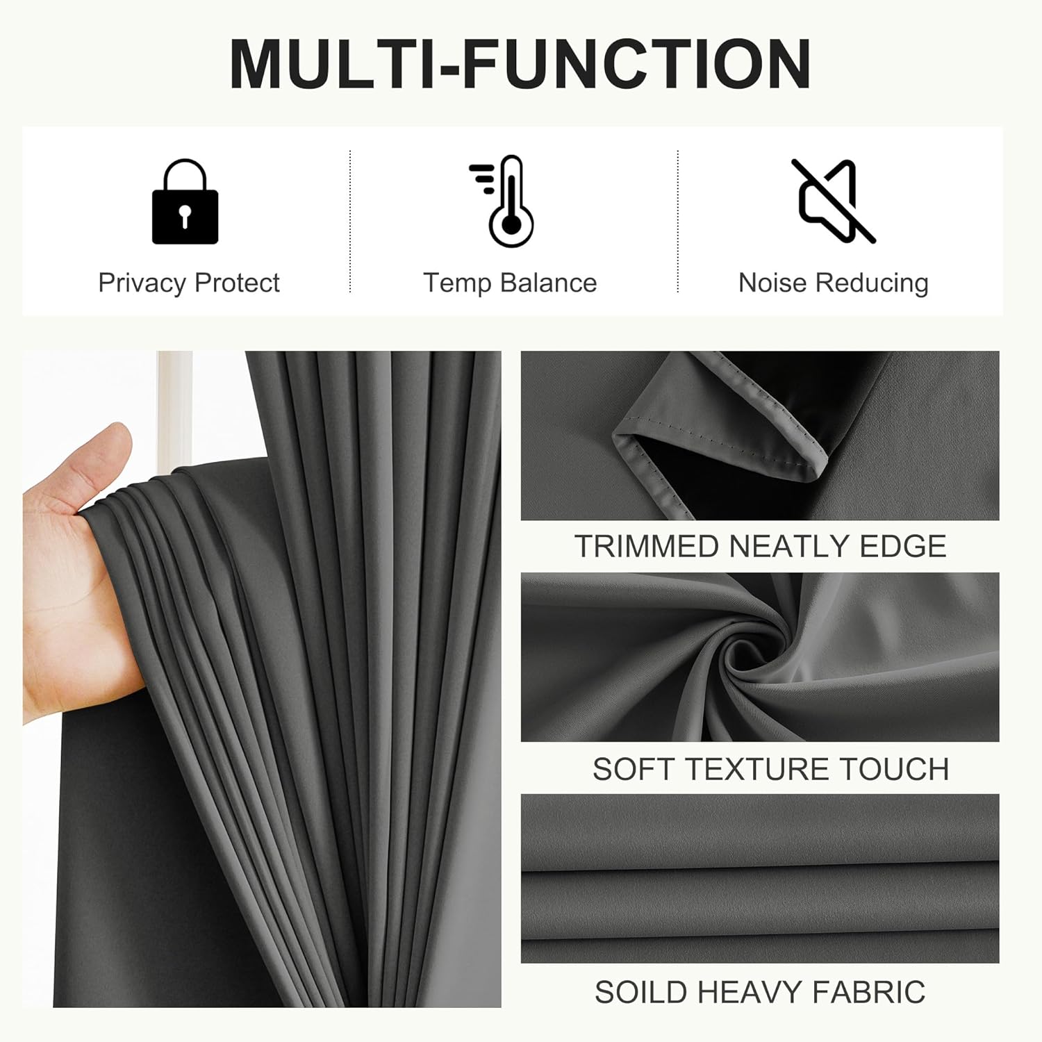 Close-up of a dark grey heavy fabric blackout curtain, showing its soft texture and neatly trimmed edge.