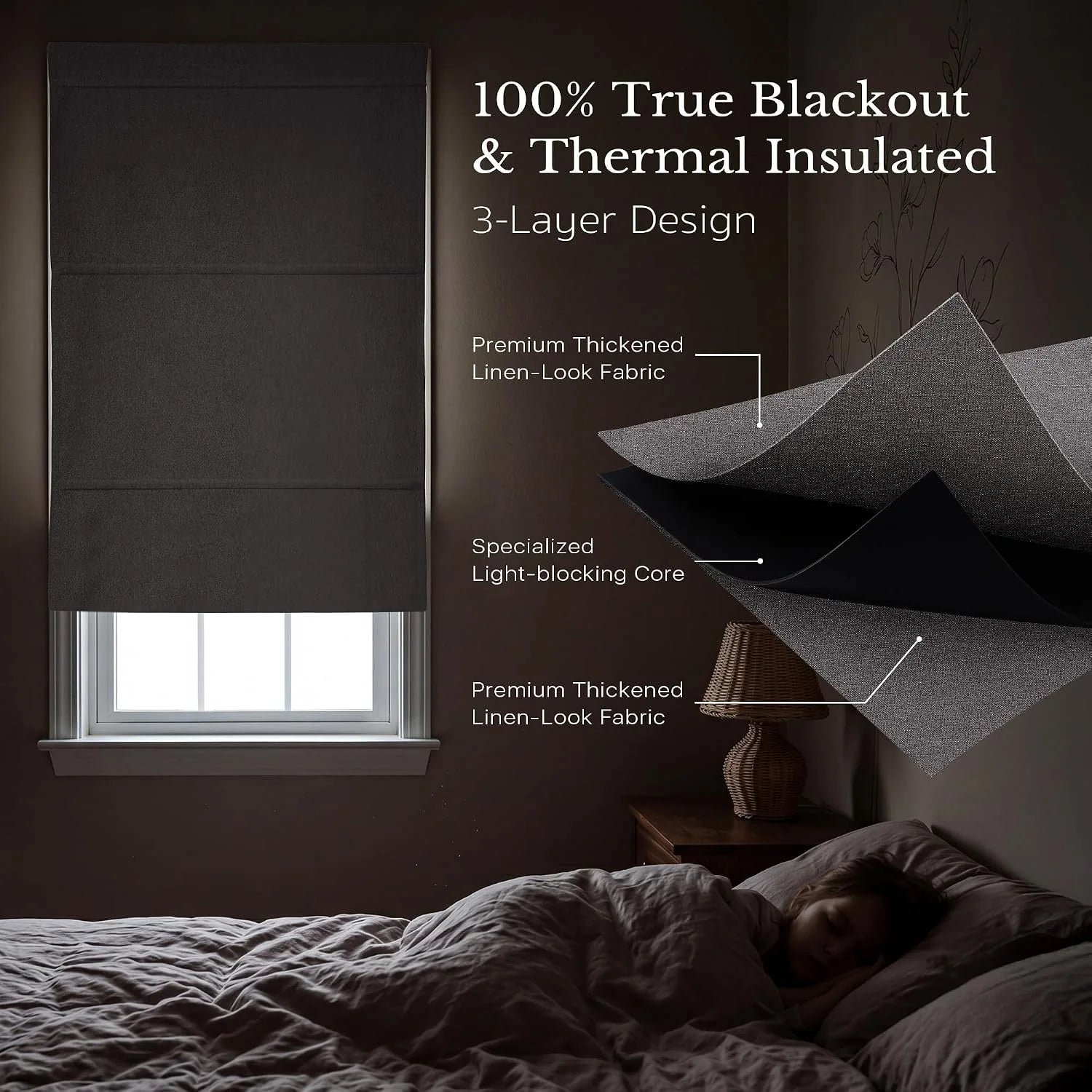 Dark grey blackout roman shade on bedroom window, child sleeping peacefully, showing 3-layer fabric.