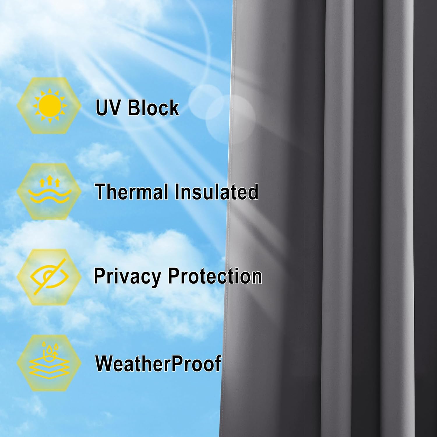 Dark grey blackout curtain shown blocking sunlight, highlighting UV block, thermal insulation, and privacy.