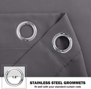 Dark grey curtain fabric detailed with two shiny stainless steel grommets, each 1.6 inches in diameter.