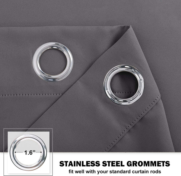 Dark grey curtain fabric detailed with two shiny stainless steel grommets, each 1.6 inches in diameter.